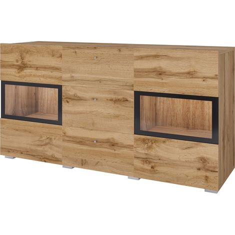 Buffet RAMOS 130 cm – Goldene Eiche und Schwarz – Integrierte Multicolor-LED – 2 Glastüren und 3 Schubladen