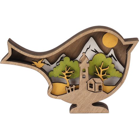 Holzornament in Form eines Frühlingsvogels, sehr realistische Handwerkskunst, Heimdekoration.