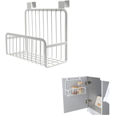 Panier de rangement mural blanc pour cuisine et salle de bain - Étagère suspendue avec crochet pour portes d'armoires et placards - Organisation pratique (142 caractères) (1/5)