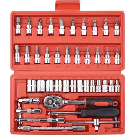 46 pcs 1/4 Pouce Jeu de Douilles Outil de Reparation de Voiture Outils de Cle combinee dynamometrique a cliquet Reparation Automobile (1/4)