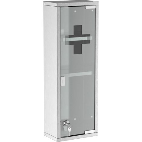 Armoire à pharmacie en acier inoxydable avec porte en verre trempé, verrouillable, à 3 compartiments, armoire de premiers secours, 20 x 12 x 58 cm, argent (1/5)