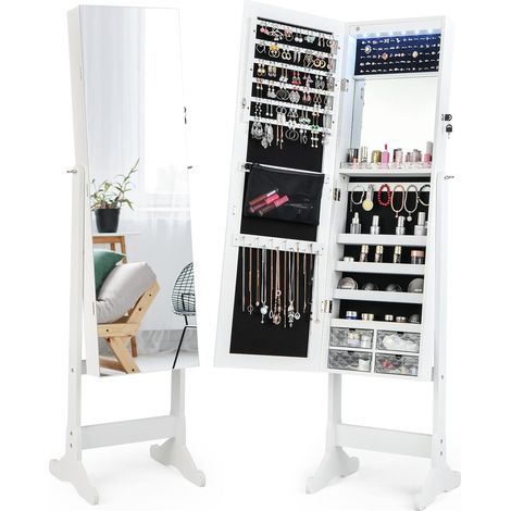 COSTWAY Armadietto Portagioie con Serratura e Specchio Senza Cornice Cassetti Acrilici, Specchio Interno per Trucco Vassoio per Rossetti, Specchio Illuminato a LED (Bianca) (1/5)