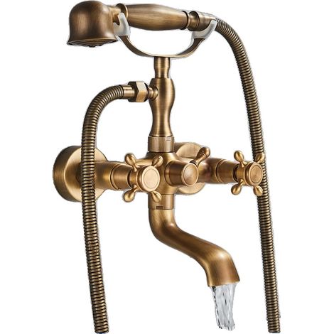 Robinet de douche de baignoire, finition en laiton antique, design à double poignée (1/2)