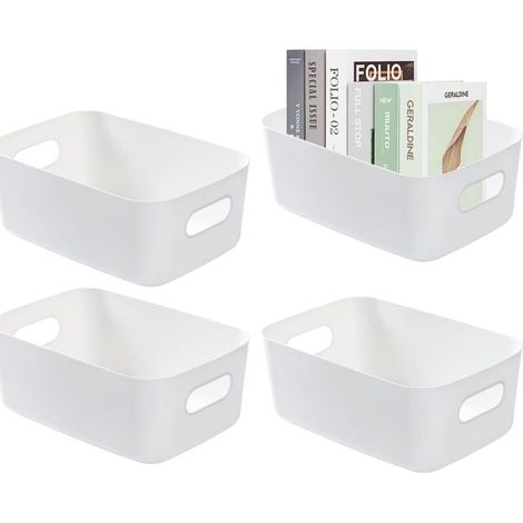 Weiße Aufbewahrungsbox, 4er-Set Aufbewahrungsboxen, Kunststoff-Aufbewahrungsbox, Kunststoffkorb, multifunktionale Ordnungsbox, geeignet für Küche, Bad, Kleiderschrank ( (1/4)