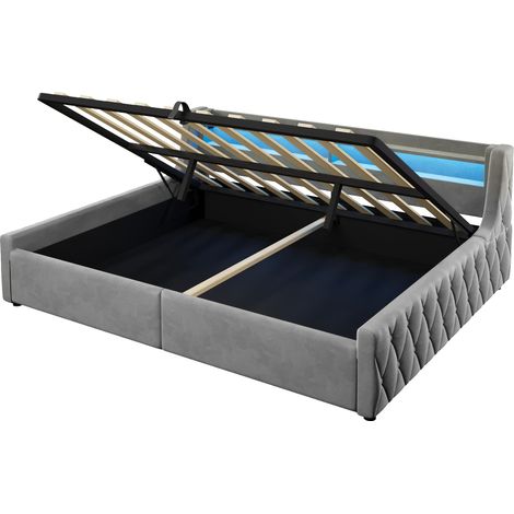 Cama plataforma 140 x 200 cm de tela gris con almacenaje hidráulico y LED (1/5)