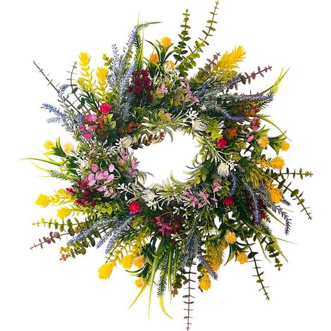 Couronne de printemps et d'été pour porte d'entrée, couronne de fleurs artificielles mélangées avec des fleurs réalistes et un aspect naturel, décoration élégante pour la maison.-AquaForge (1/4)