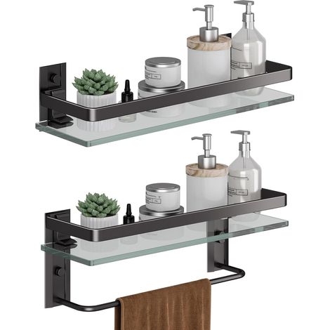 Noir Étagères de Salle de Bain Ensemble Étagère de Douche en Verre Étagère Murale Rangement Douche avec Tablette (1/5)