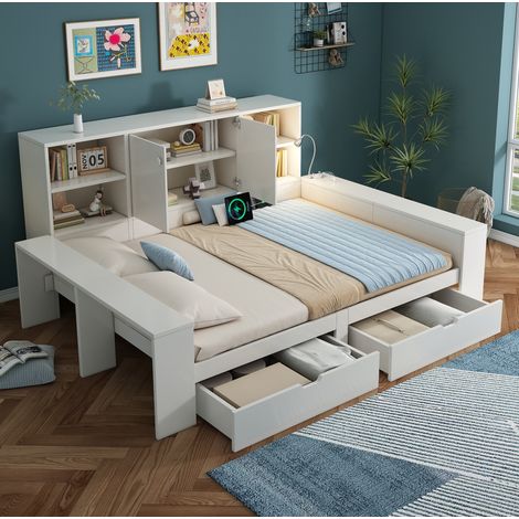 DESVIAE Lit coffre 140 x 200 cm blanc avec tiroirs rangement prises USB USB C lampe de lecture tête de lit avec étagères et portes MDF contreplaqué (1/5)