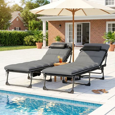2er-Set Sonnenliegen, Gartenstühle, XXL-Matratzen (9 cm), 180° verstellbar, 5-fach klappbar, 200 x 57 x 38 cm, Grau