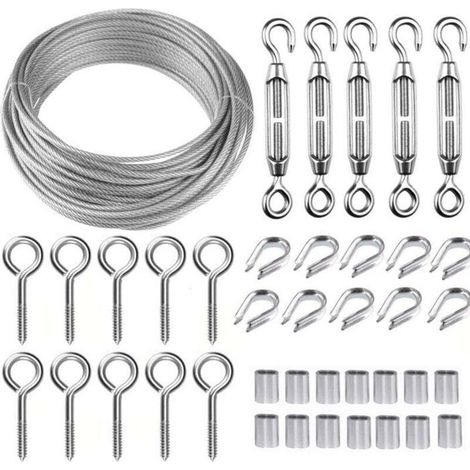 Corde en Acier Inoxydable à Suspendre Kit,30M/2mm Câble en Acier Inoxydable Revêtu avec M5 Tendeurs,Kit Cable Métallique 2mm (1/4)