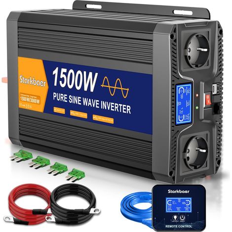 Onde Sinusoïdale Pure Convertisseur 12V 230V 1500W/3000w Onduleur Voiture Convertisseur Pure Sinus avec Écran LCD, Télécommande, 2 Prises EU (1/5)