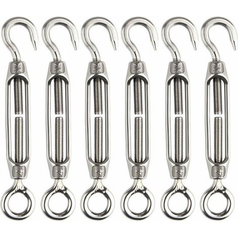 Sechs Drahtspanner, verstellbare M4-Edelstahlspanner mit Haken, robust.