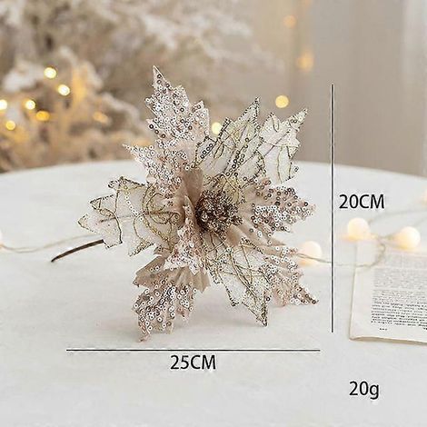 pièce de fleurs de Noël de 20 cm, décorations pour sapin de Noël, décorations pour la maison, fleurs artificielles pailletées, ornements de Noël et du Nouvel An, couleur champagne, 20 cm (1/5)
