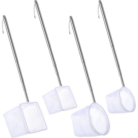 Lot de 4 filets à crevettes d'aquarium avec poignée extensible en acier inoxydable doux et long manche long avec épuisette d'aquarium pour attraper les petits poissons et crevettes ronds carrés (1/5)