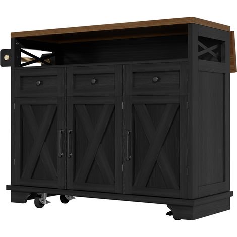 Îlot de cuisine moderne (118×43-70×98 cm), meuble de cuisine et table à manger avec veinage du bois, desserte à roulettes, rangement multifonction, cloisons amovibles, porte-serviettes, noir (1/5)