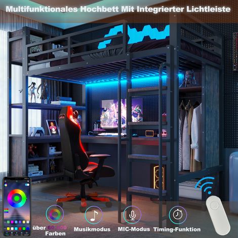 Lit mezzanine avec bureau 90x200 cm, armoire, étagères de rangement, éclairage LED, prises norme européenne, garde-corps haute sécurité, style gaming, noir. (1/5)
