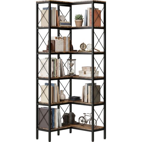 L-Shaped Bookshelf, 5-Tier, 60 x 60 x 167 cm, Rustic Brown (1/5)