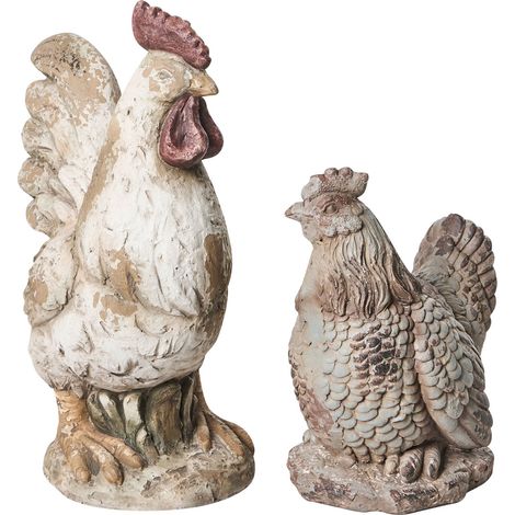Set di 2 statuine decorative da giardino Elemento decorativo Gallina in MgO beige Specchia