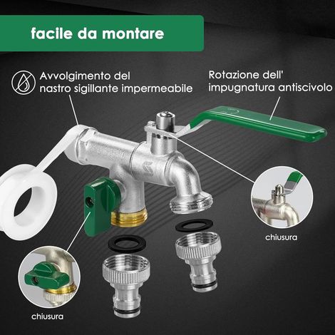 Robinet de jardin, robinet à double sortie 3/4", résistant à la rouille et au gel, avec 2x sorties 3/4", 1x ruban d'étanchéité à rouleaux, double raccordement et embout de tuyau pou r(vert) (1/2)