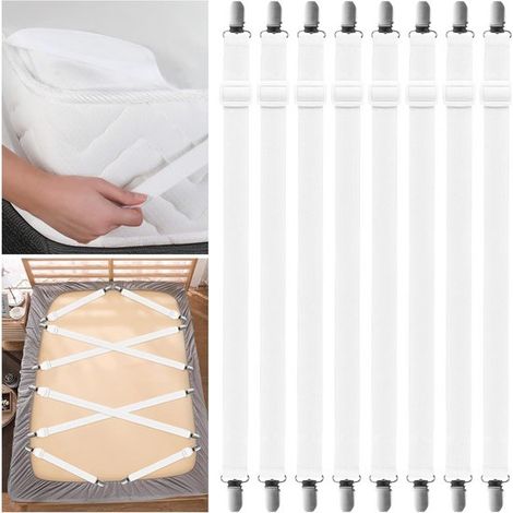 Set di 8 supporti elastici per lenzuola (35-130 cm), regolabili con clip metalliche per letti, divani, poltrone, materassi (1/5)