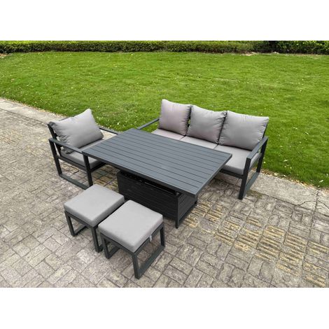 Fimous Aluminum Outdoor Dining Set Patio Dining Furniture Set Includes Adjustable Rising Lifting Dining Table Chairs with 2 Small Footstools (1/5)