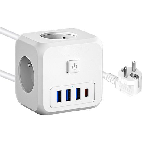 Multiprise Cube 7-en-1 avec Ports USB et 3 Prises AC, 4000W, Interrupteur et câble d'extension de 1,5 mètre. Multi Prise idéale pour la Maison, Le Bureau et Les Voyages (1/5)