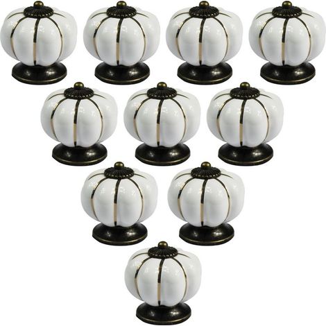 Juego de 10 pomos de cerámica estilo europeo vintage con forma de calabaza para cómodas, armarios y cajones, color blanco. (1/5)