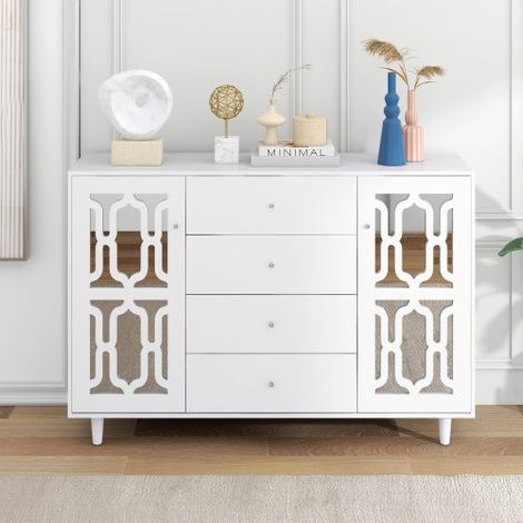 Aparador blanco con espejo, tiradores de cristal, salón/comedor – 147,5 × 40 × 102 cm (1/5)