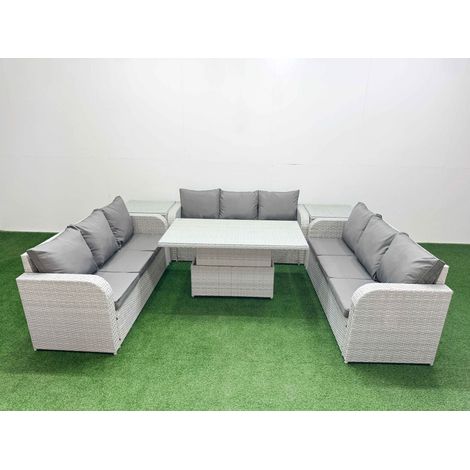 Fimous PE Rattan Lounge Sofa Set 9 Seater Outdoor Garden Furniture Set with Adjustable Lifting Dining or Coffee Table 3 Seater Sofa 2 Side Table Light Grey (1/5)