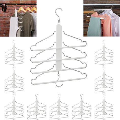 10x Gruccia Multipla, 4 Stampelle Appendiabiti con Asta per Pantaloni, Appendino Legno Metallo Salvaspazio, Bianca