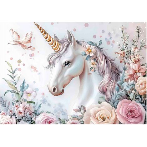 Papier peint mural licorne fleurs enfant intissé grand format design intérieur chambre enfant pas cher 300x210 cm (1/5)