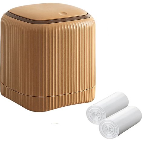Mini poubelle de bureau en plastique avec couvercle à pression, pour salon, cuisine, salle de bain, bureau, voiture, avec 60 feuilles de sacs poubelle (marron) (1/5)