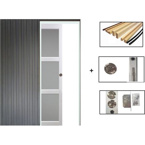 Puerta corredera Kenya blanca con vidrio H204 x L73 cm, empotrada, kit de acabado para GD MENUISERIES