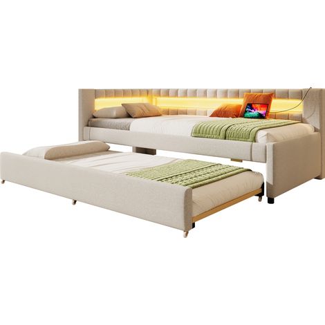 (=WX001040AAA) Lit de jour, lit de repos, canapé-lit, 90200cm, lit avec bande lumineuse LED télécommandée au pied du lit, lit avec lit gigogne sans matelas, USB + TYPE-C, lin, beige (1/5)