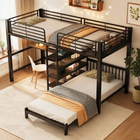 Litera 90 x 200 cm con escritorio, almacenaje y tomas USB/Tipo C negra HAVRYA (1/5)