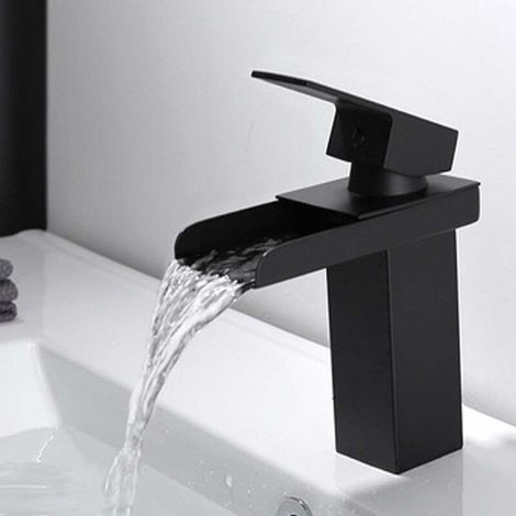 Moderne Noir Robinet de Salle de Bain, Mitigeur Lavabo Cascade, Robinet Lavabo, Eau Froide & Chaude Disponible(Sans tuyau) (1/4)