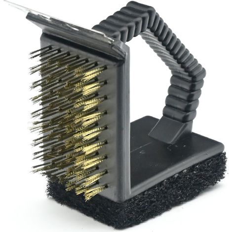 Brosse à grille 3 en 1 robuste, brosse en cuivre, grattoir en acier inoxydable et éponge, grise (1/5)
