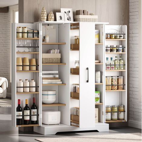Weißer Küchenschrank mit Gewürzregal, 4-stufigem Auszug, MDF, 120 x 78 x 35 cm (1/5)