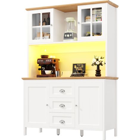 Buffet de cuisine haut 120 cm, meuble de rangement blanc avec éclairage LED, 4 portes et 3 tiroirs (1/5)