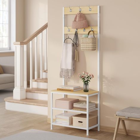Woltu – Meuble à chaussures avec banc et portemanteau – Métal et bois d'ingénierie – Dimensions L60 x P31,5 x H170cm – Chêne clair et blanc (1/5)