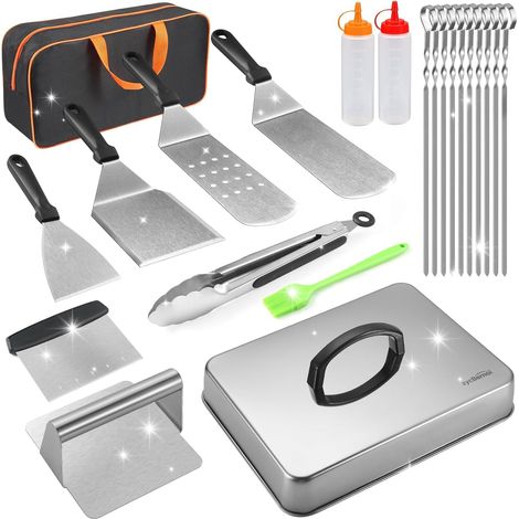 Kit d'accessoires de cuisson pour barbecue Blackstone, 22 pièces, accessoires de barbecue à dessus plat pour Blackstone Camp Chef, ensemble de spatules en métal avec presse à hamburger, (1/5)