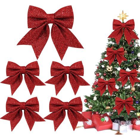 Set di 5 grandi fiocchi natalizi glitterati per ghirlande, festoni e decorazioni per l'albero di Natale, rossi (1/5)
