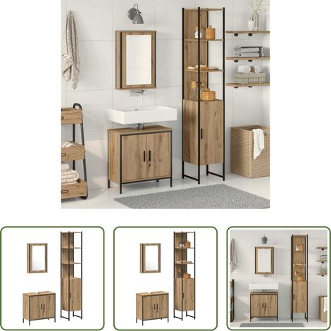 vidaXL Flachspiegel - Badezimmermöbel Set mit Regal mit Tür 3 pcs Braun Holzwerkstoff (1/5)