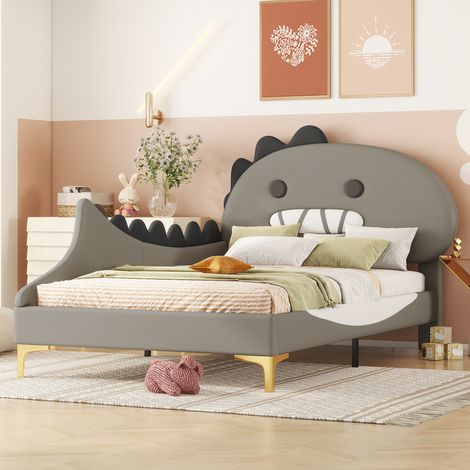 Lit enfant 90x200cm design dinosaure PU et MDF tête dinosaure gris (Sans matelas) (1/5)