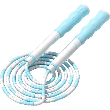 Corde à sauter pour enfants bleue, longueur réglable, poignée antidérapante, perles de haute flexibilité, idéale pour exercice à la maison et à l'école. (1/5)