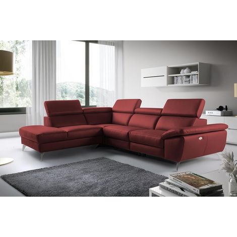 Canapé d'angle relax en 100% tout cuir épais de luxe italien avec relax électrique, 5/6 places KASTER, rouge bordeaux, angle gauche (1/5)
