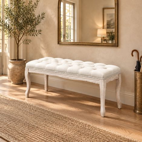 Panca imbottita con seduta capitonné 110 x 40 x 48 cm, legno di caucciù, beige REDOM (1/5)