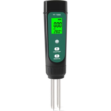 Analizzatore di terreno 3 in 1, con display a LED, misura conducibilità, umidità e temperatura, ideale per piante in vaso e non.
