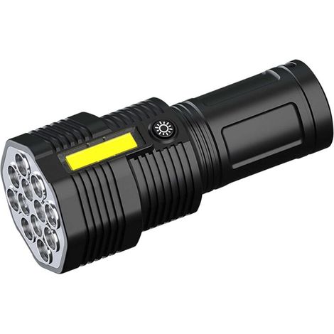 Torcia a 12 LED ad alta luminosità con ricarica USB, luce laterale per esterni e indicatore di carica.