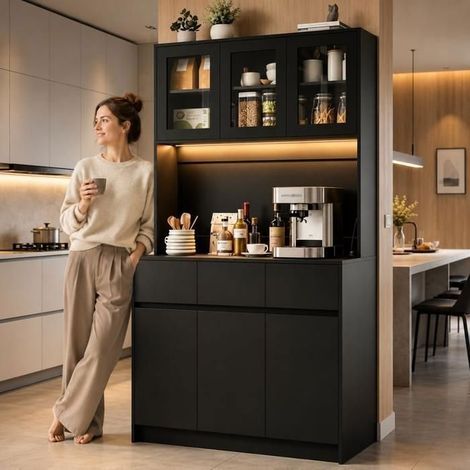 Buffet de Cuisine Noir avec LED et Station de Charge, Armoire de Salle à Manger 6 Portes, 3 Tiroirs, Étagère Réglable (1/5)